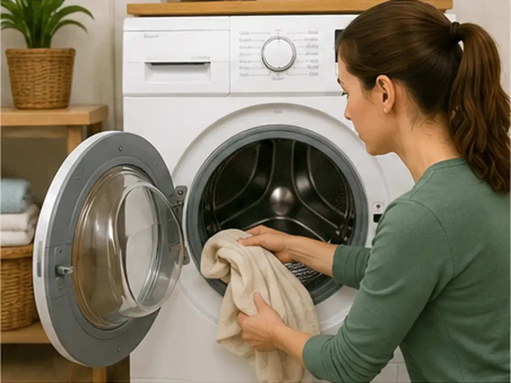 Person checking an empty washing machine drum and removing loose items before cleaning.