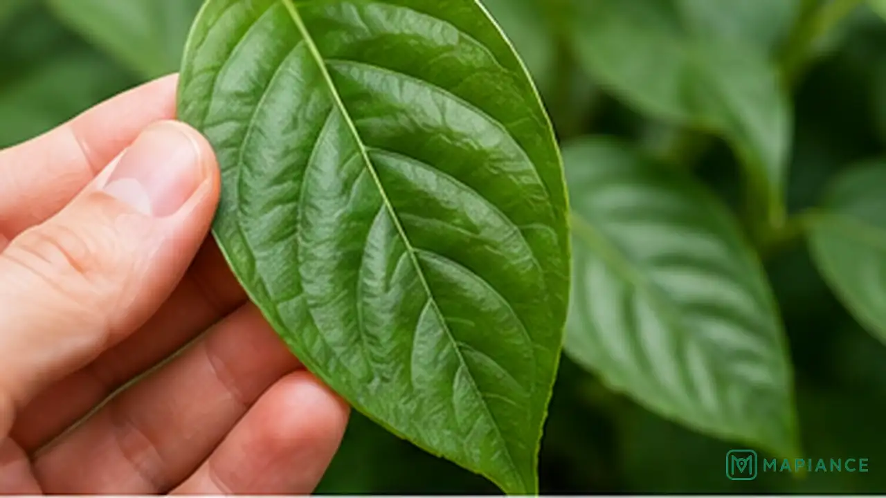 Person checking clean new plant growth after treating powdery mildew.