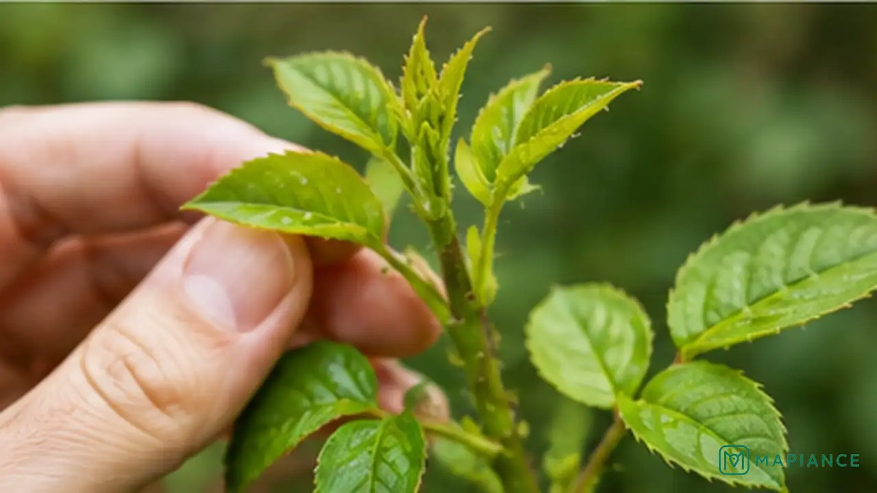 Person checking clean new plant growth for aphids after treatment.