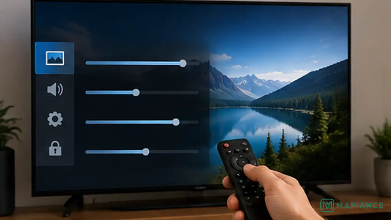 Person checking picture brightness and energy-saving settings on a TV with an unusually dim image.