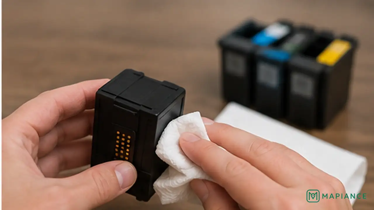 Person checking printer cartridges for ink level and protective shipping seals.