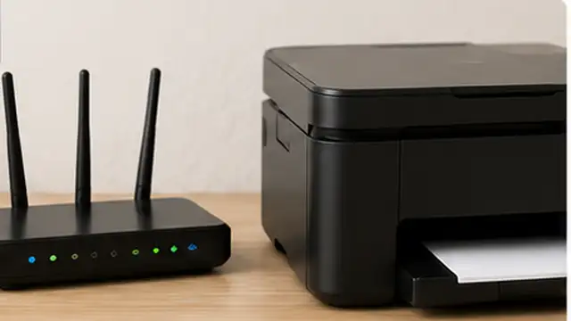 Person checking printer power and network connection beside a Wi-Fi router.