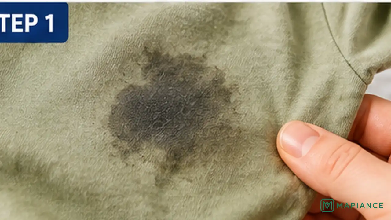 Person checking the care label on an oil-stained garment before starting stain treatment.