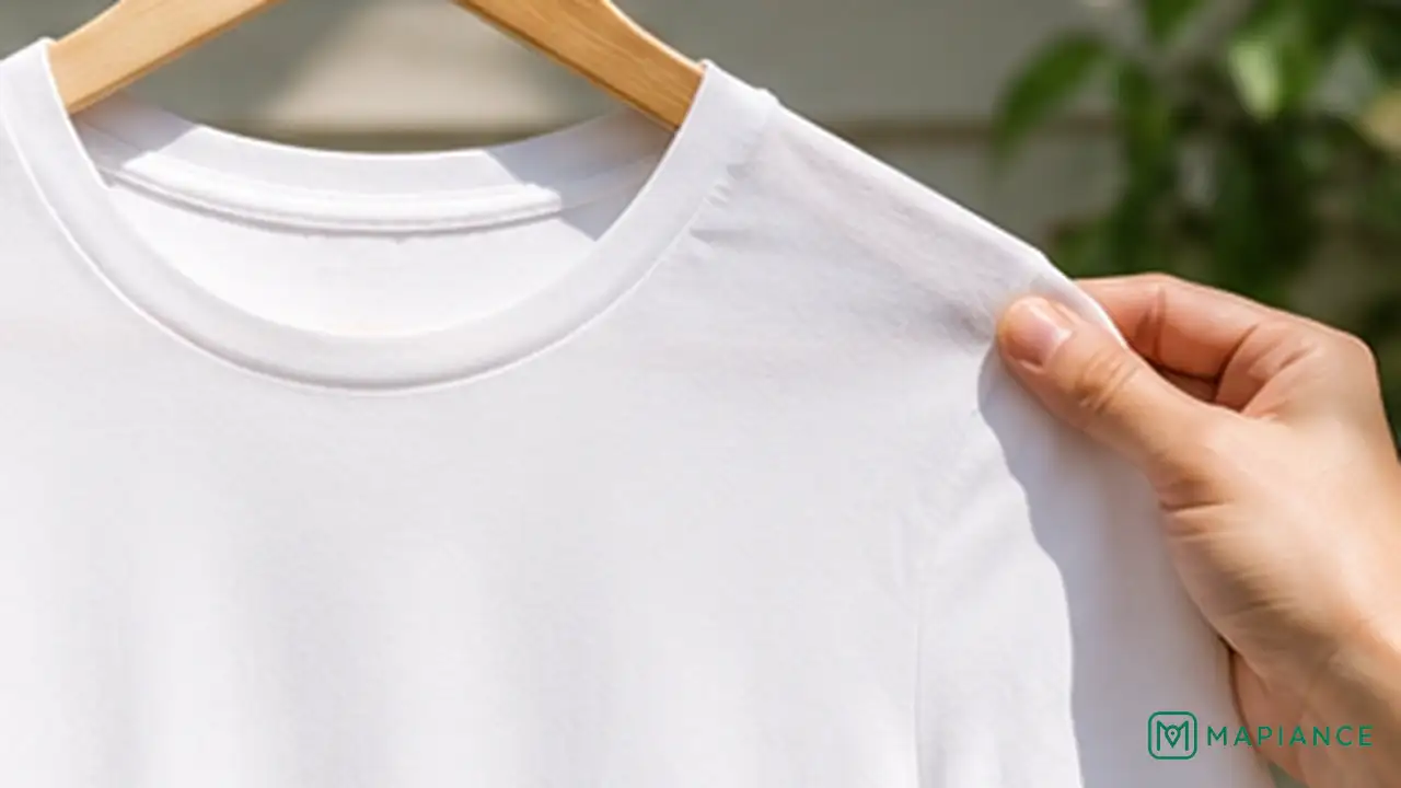 Person checking the clean underarm area of a white shirt while it air-dries.