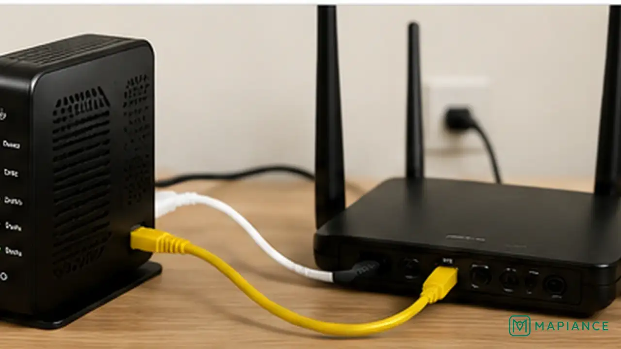 Person checking the Ethernet cable between the modem or fiber ONT and the router WAN port.