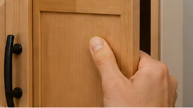 Person checking the gaps around a cabinet door to find where it touches before closing.