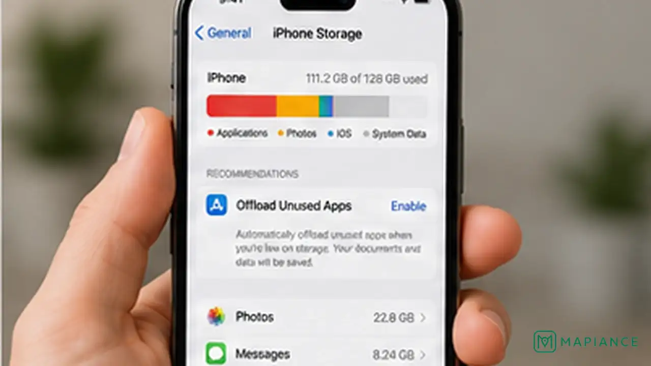 Person checking the iPhone Storage screen to see which apps and files are using the most space.