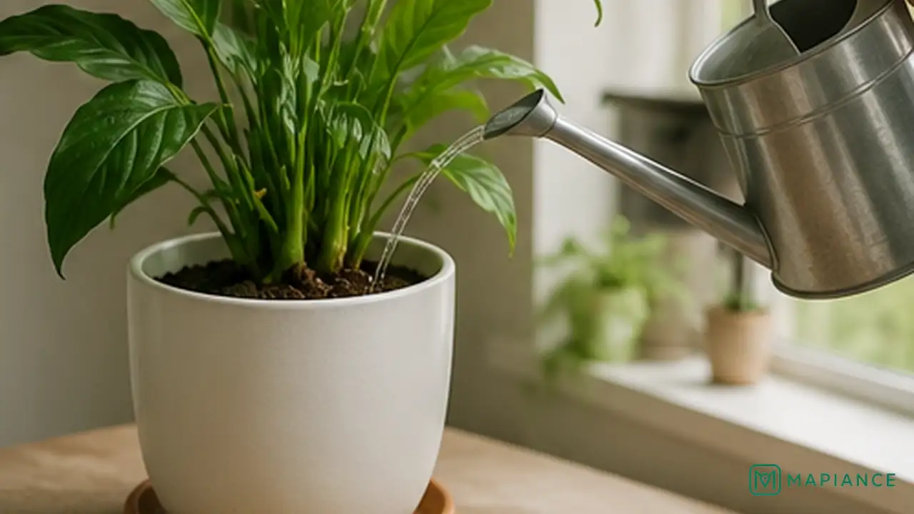 Person checking the soil of a recovering houseplant before watering again while healthy new growth appears.
