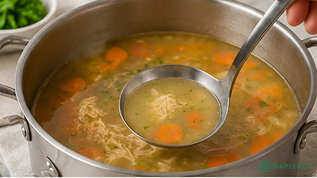 Person checking the thicker consistency of soup on a spoon after it rests.