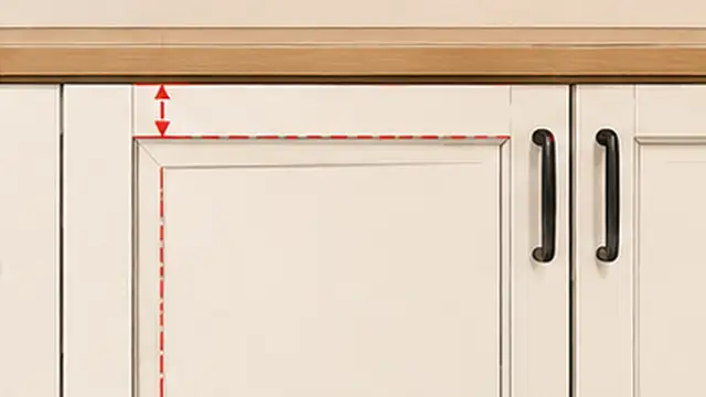 Person checking uneven gaps around a cabinet door that sits lower than the neighboring door.