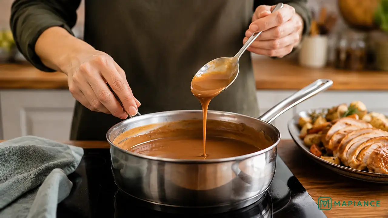 Person checking whether thickened gravy lightly coats the back of a spoon.