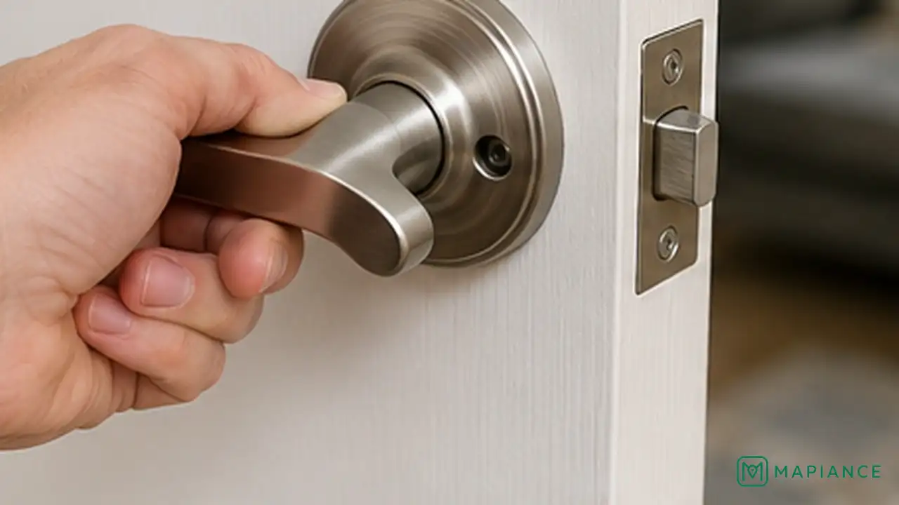 Person checking which part of a loose door handle moves against the door.