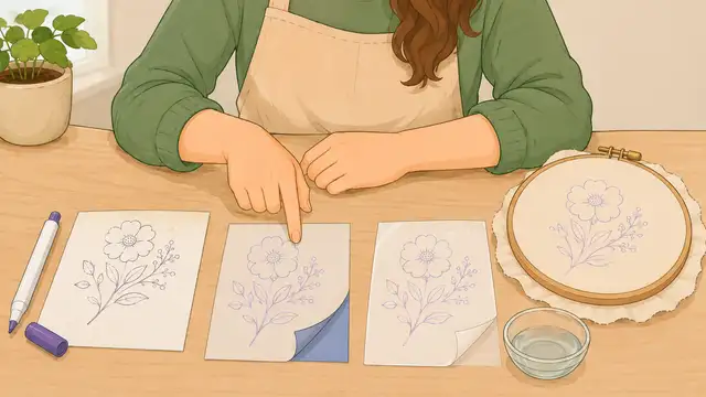 Person choosing between a fabric marker, transfer paper, and water-soluble stabilizer for an embroidery pattern.