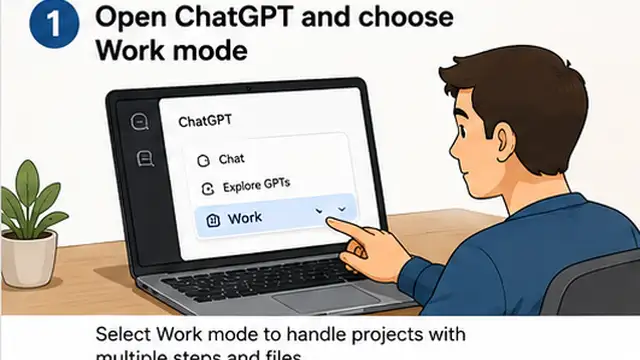 Person choosing ChatGPT Work on a laptop before starting a multi-step task.