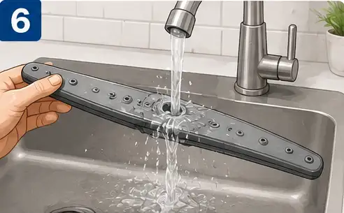 Person cleaning debris from dishwasher spray-arm holes with a soft brush.