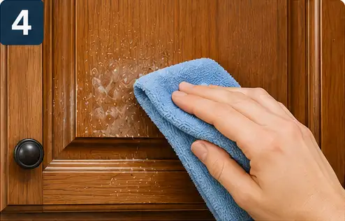 Person cleaning grease around a kitchen cabinet handle and grooves with a soft toothbrush.