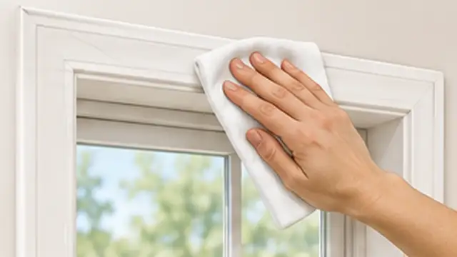 Person cleaning the mounting area beside a window before installing no-drill curtain supports.