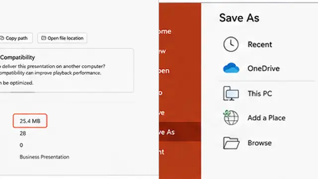 Person comparing the original PowerPoint file with a smaller optimized copy after compression.