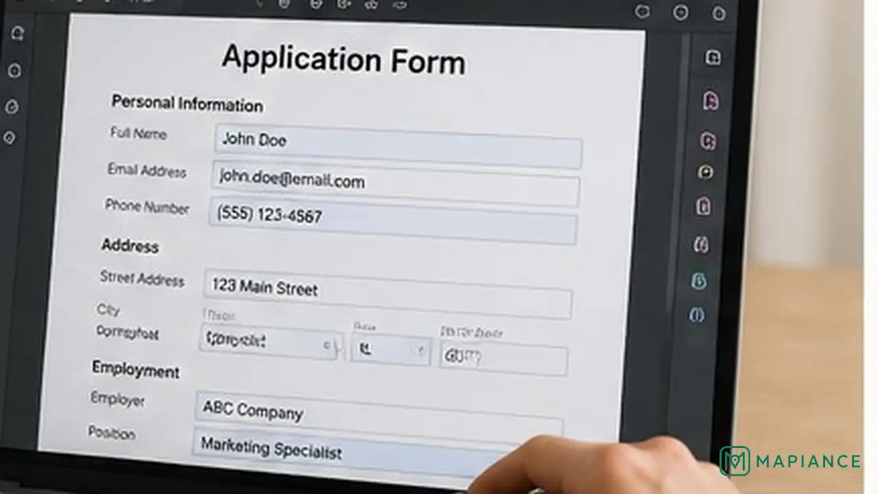 Person completing text fields and checkboxes in an interactive PDF form.