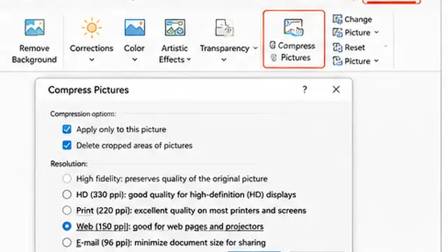 Person compressing all pictures in a PowerPoint presentation to reduce the file size.