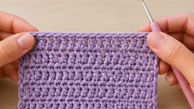 Person crocheting a test row with relaxed yarn tension and a loose grip on the hook.