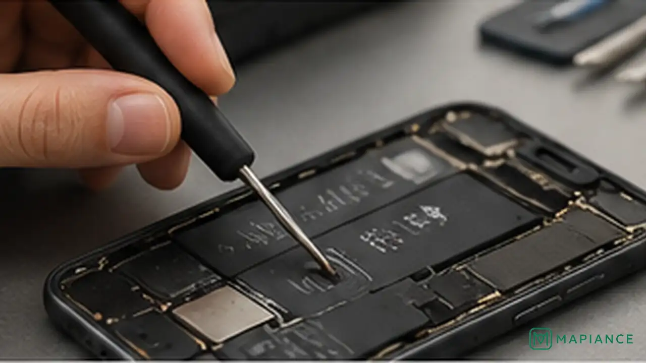 Person disconnecting a phone with battery swelling or charging port damage before professional repair.