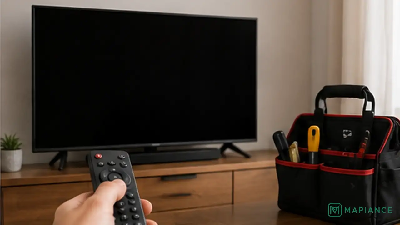 Person disconnecting a TV that still has no picture and preparing it for professional repair.