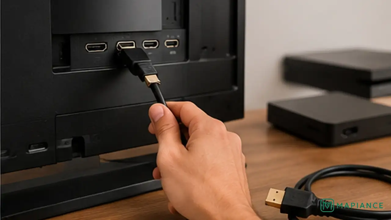 Person disconnecting HDMI devices and testing one known-good cable and source at a time.
