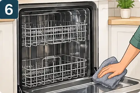 Person drying a clean dishwasher and leaving the door slightly open for airflow.