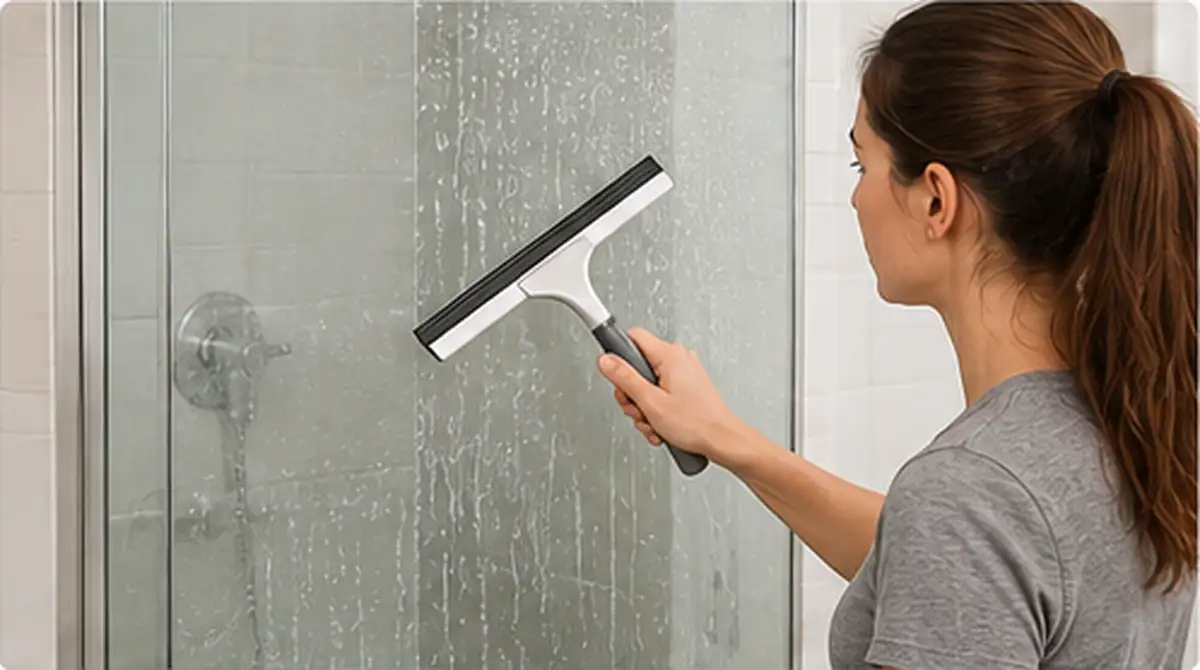 Person drying a clean glass shower door with a squeegee after rinsing away mineral deposits.