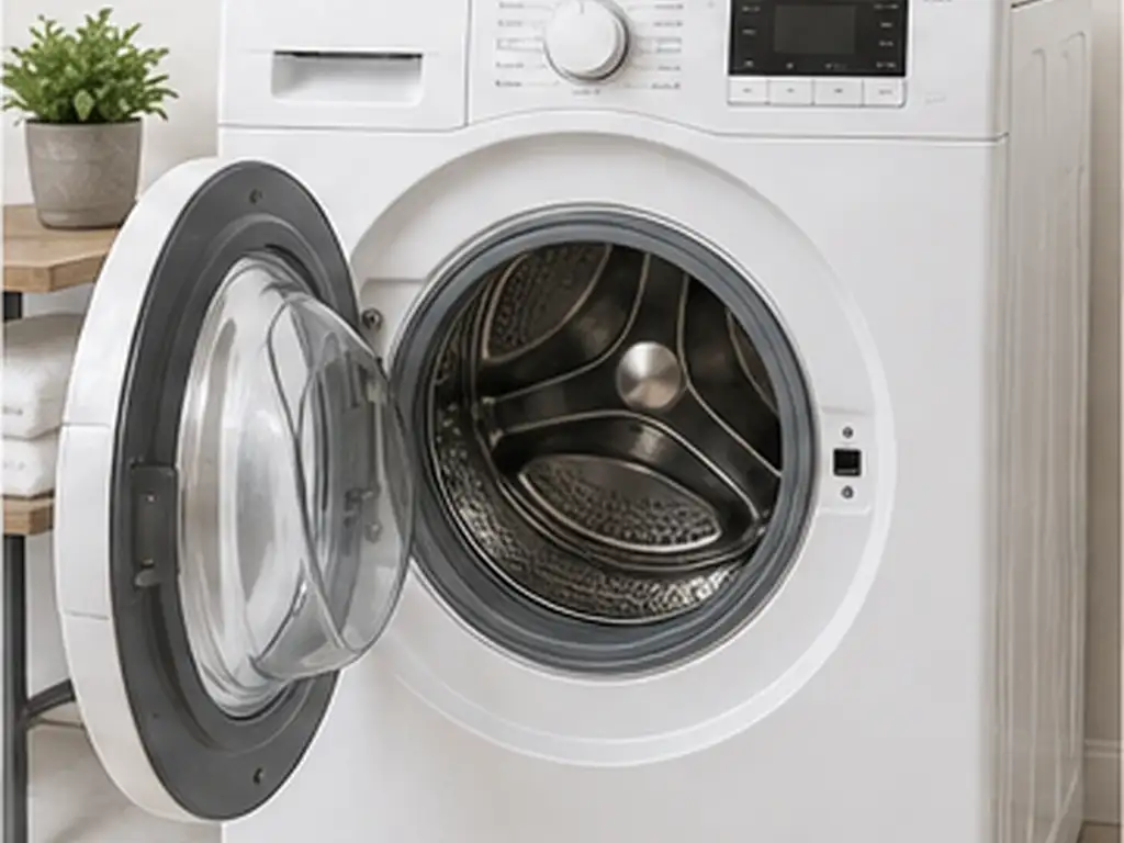 Person drying a clean washing machine while leaving the door and detergent drawer open.