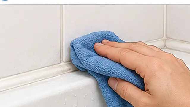 Person drying a freshly cleaned shower caulk line with a clean cloth.