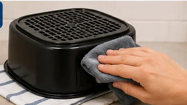 Person drying an air fryer basket and main unit with a clean towel before reassembly.