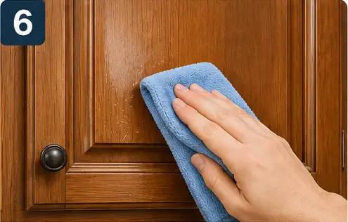 Person drying freshly cleaned kitchen cabinet doors with a soft microfiber cloth.