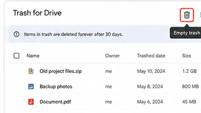 Person emptying Google Drive Trash after reviewing deleted files that still use storage.