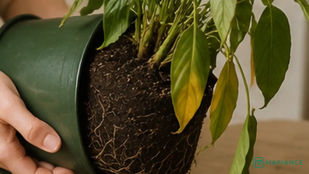 Person emptying standing water from beneath an overwatered houseplant and checking the pot drainage.