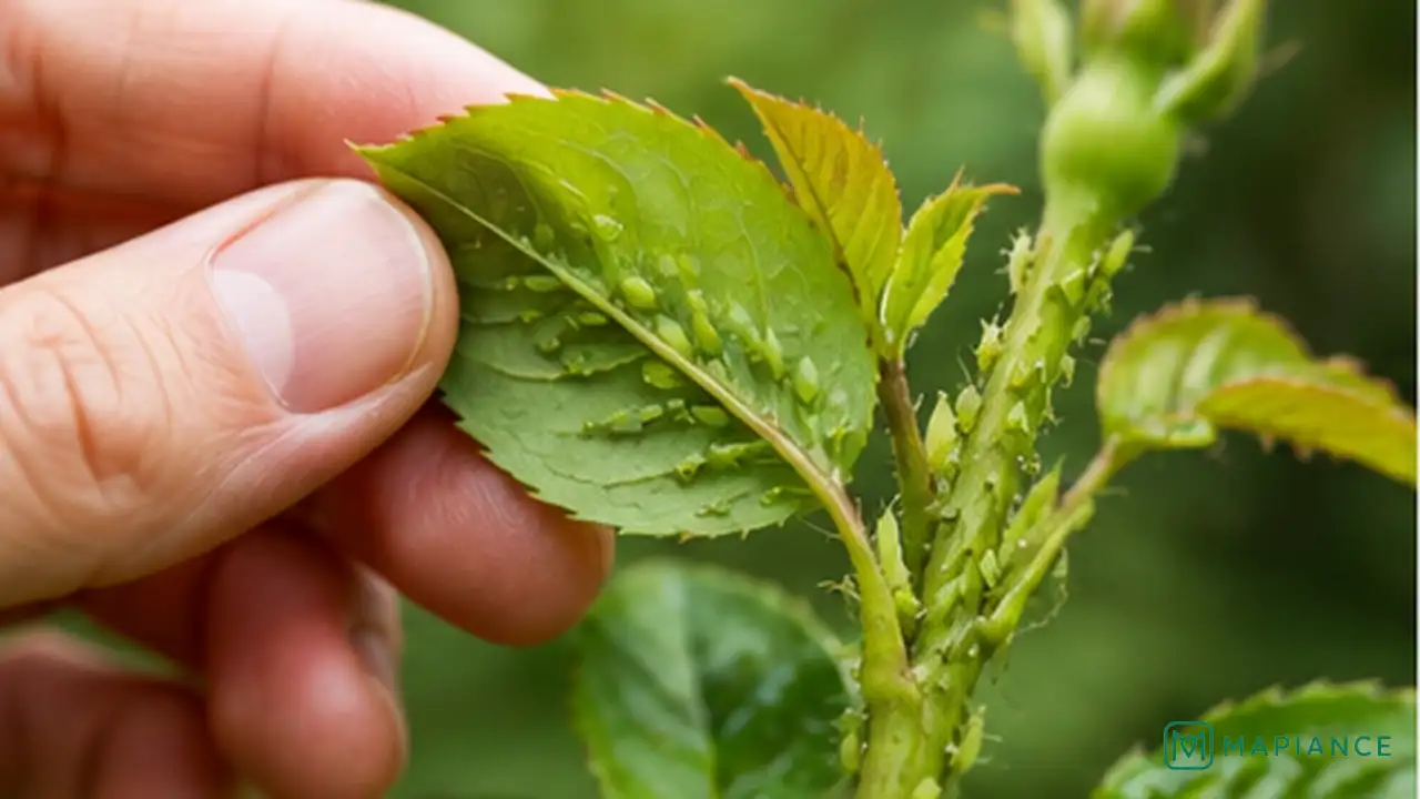 Person examining a cluster of aphids on the underside of a plant leaf.