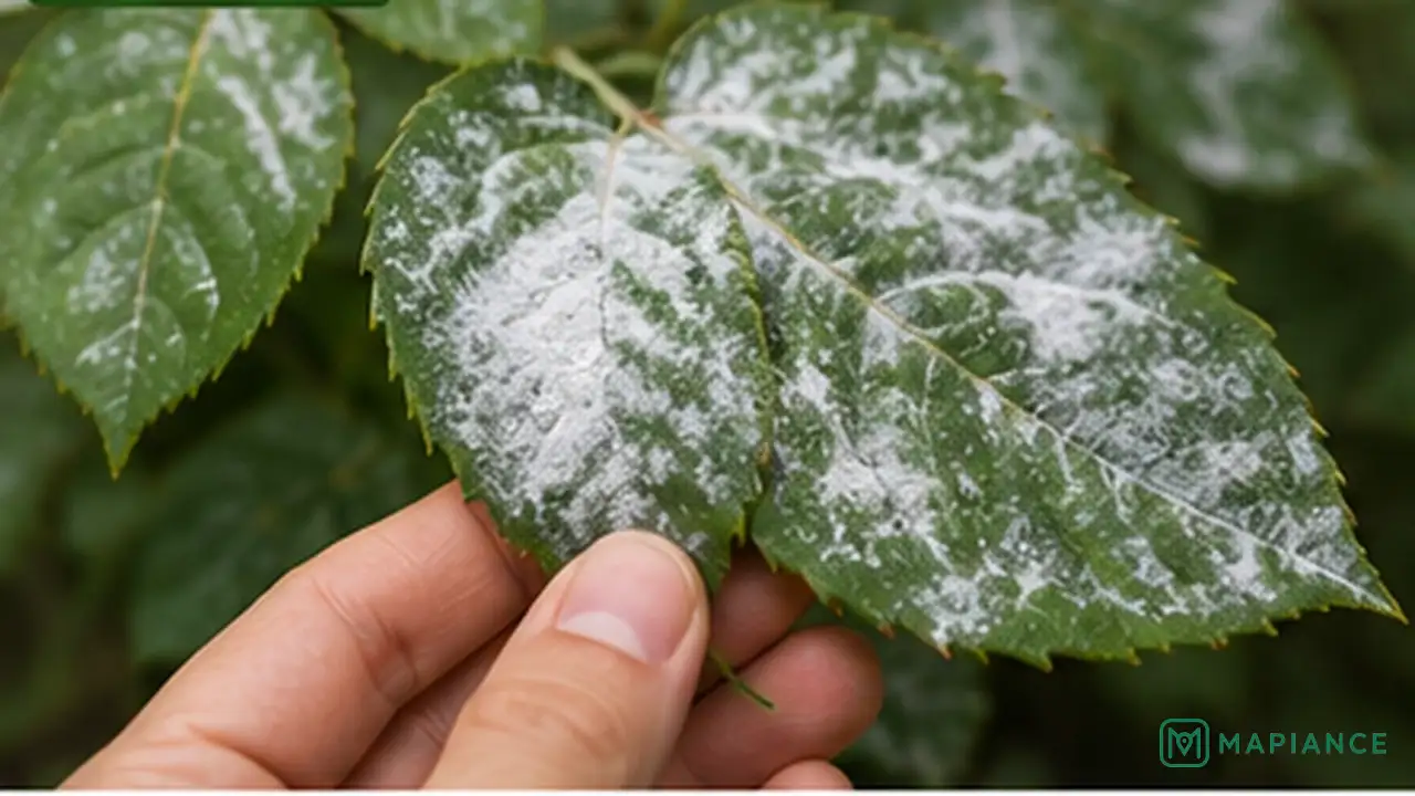 Person examining plant leaves covered with white powdery mildew patches.