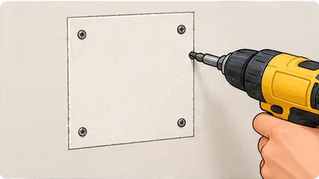 Person fitting a drywall patch into a wall opening so it sits level with the surrounding surface.