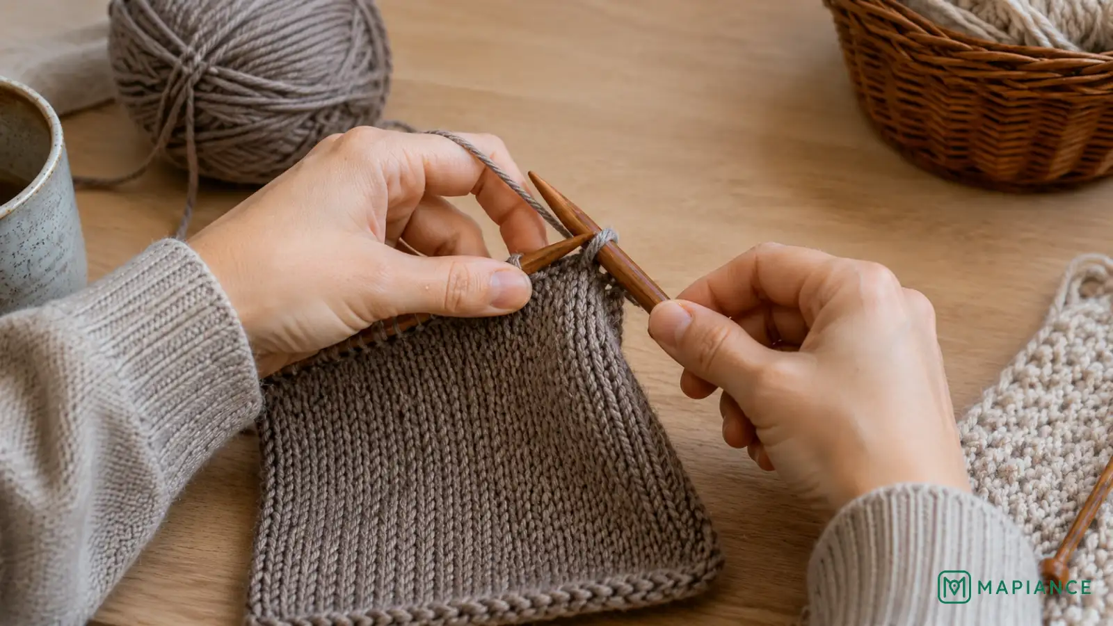 Person forming a knit stitch on the full-width shaft of the needle.