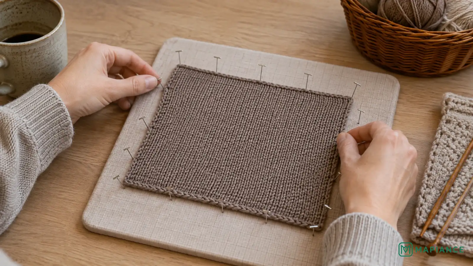 Person gently blocking a finished knitted piece to relax slightly tight stitches.