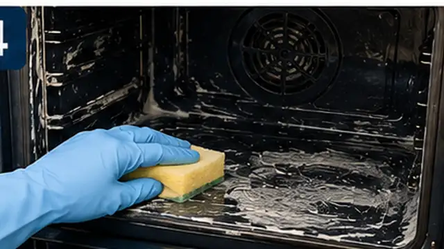 Person gently cleaning a stubborn baked-on oven spot with a soft nylon brush and approved cleaner.