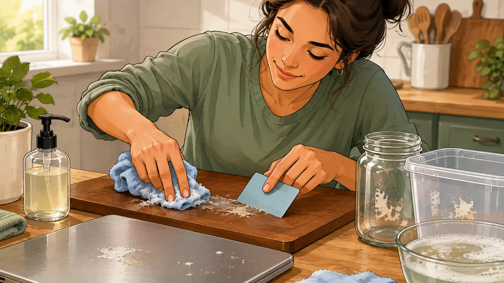 Person gently cleaning sticker residue from finished wood with a barely damp microfiber cloth.