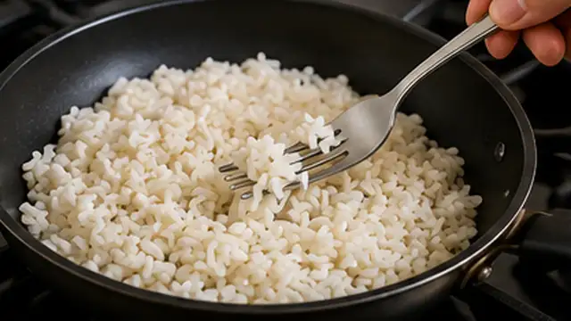 Person gently fluffing soft cooked rice with a fork without mashing the grains.
