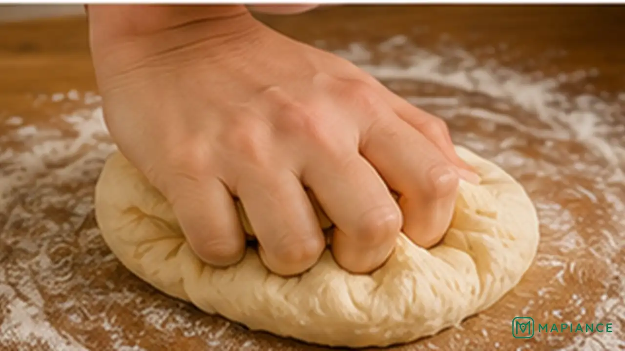 Person gently kneading a prepared fresh yeast mixture into bread dough after the original yeast failed.