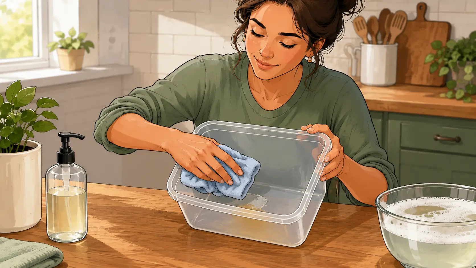 Person gently removing sticker residue from a plastic container with a small amount of cooking oil.