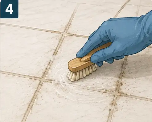 Person gently scrubbing a grout line with a soft nylon brush using short controlled strokes.