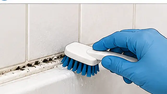 Person gently scrubbing moldy shower caulk with a soft brush and warm soapy water.