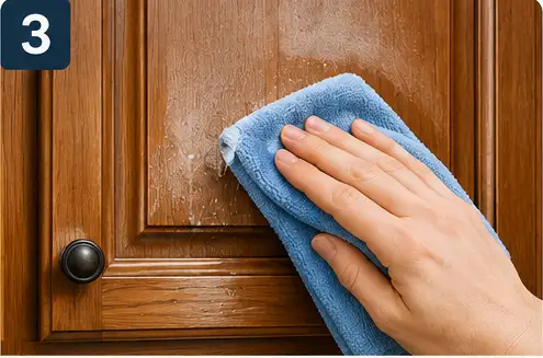 Person gently wiping grease from a kitchen cabinet door with a damp microfiber cloth.
