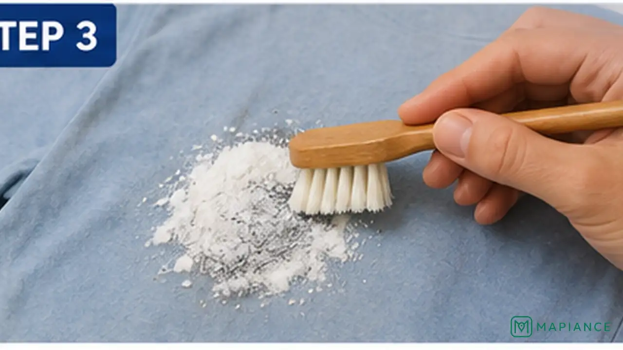 Person gently working detergent into a set-in oil stain with a soft toothbrush.